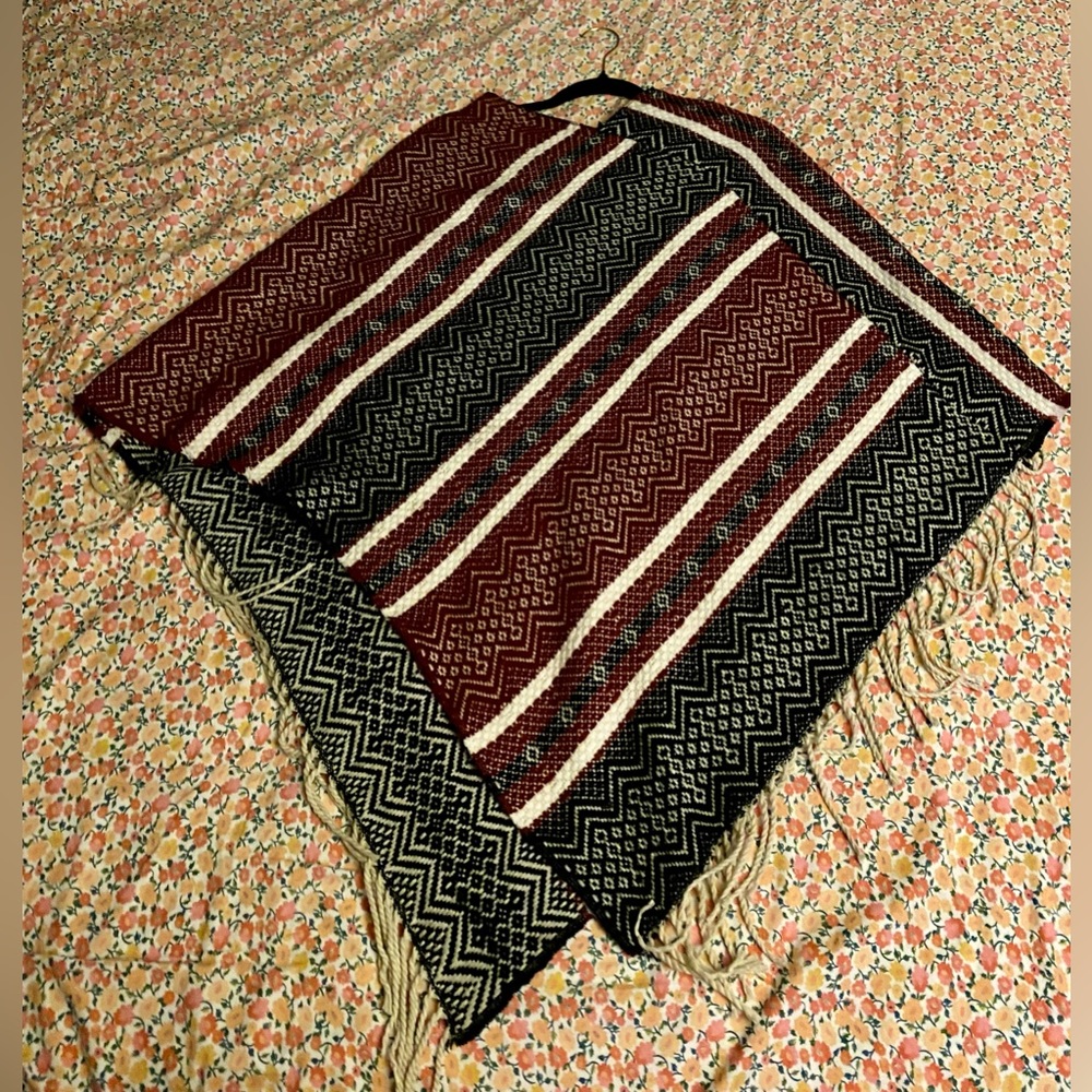 Knit Fringe Poncho Maroon Navy Cream One Size Fits All